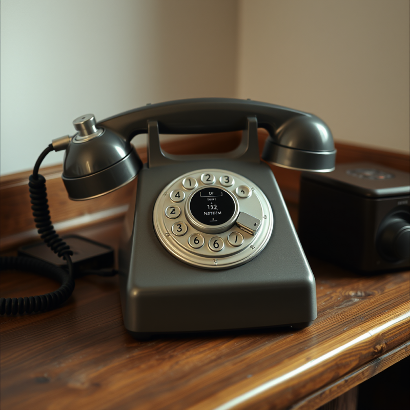 Retro Rotary Telephone on Wooden Table Communication