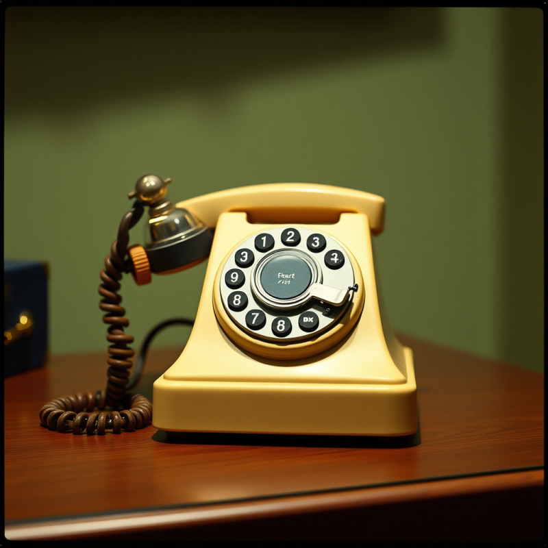 Retro Rotary Telephone on Wooden Table Communication