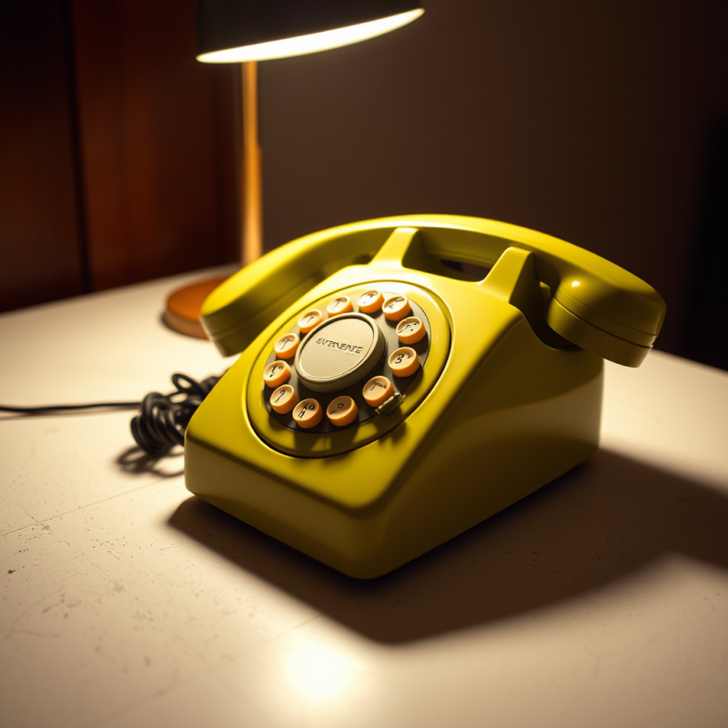 Retro Yellow Rotary Telephone Sits on a Desk Bathed