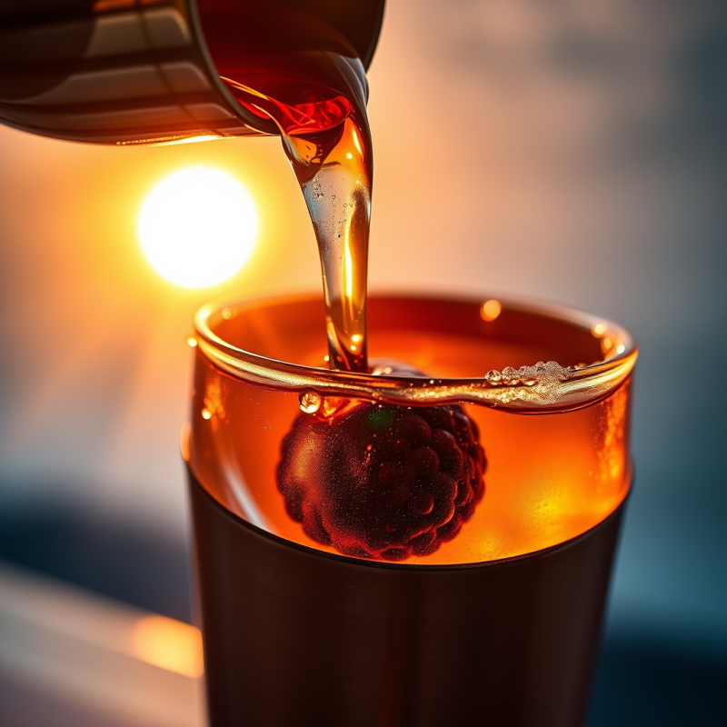 Rich Amber Liquid Pours Into a Glass Containing a