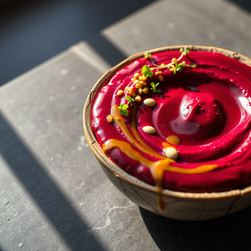 Rich, Glossy Beetroot Soup Garnished with Seeds and