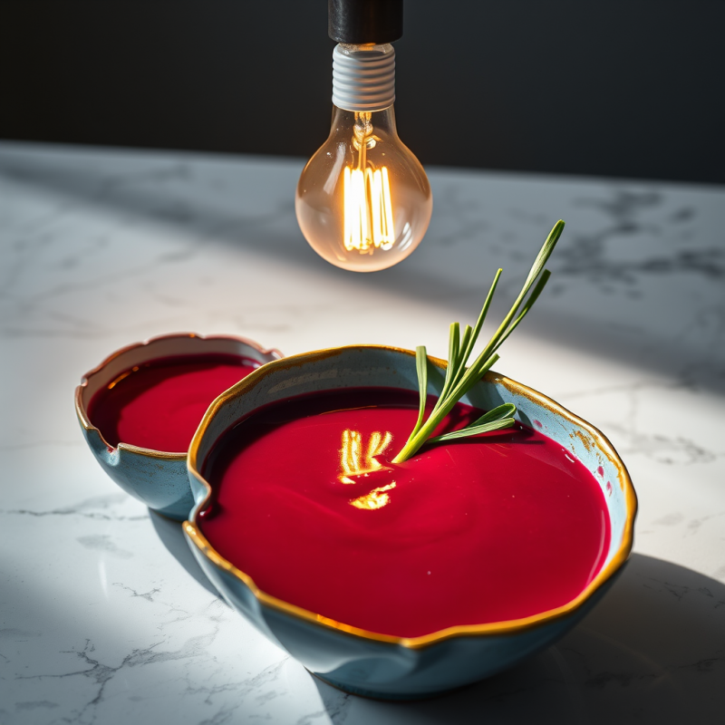 Rich Red Soup in Ceramic Bowls Is Illuminated by a