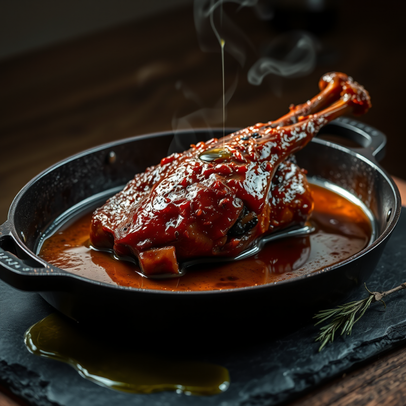 Richly Glazed Lamb Shank Sizzles in a Cast Iron