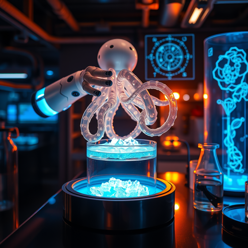 Robotic Arm Interacts with a Glowing, Translucent