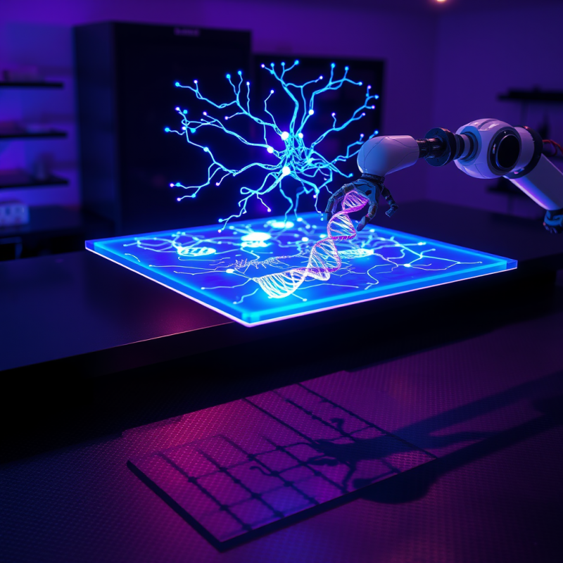 Robotic Arm Manipulates a Glowing Dna Strand Above a