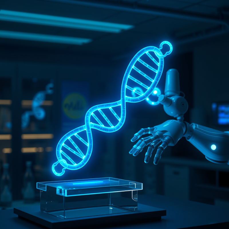 Robotic Arm Reaches Toward a Glowing Blue Dna Helix