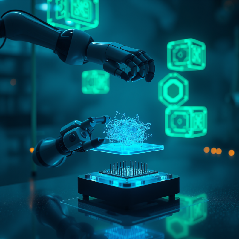 Robotic Arm with Glowing Blue Circuitry Delicately Plac...