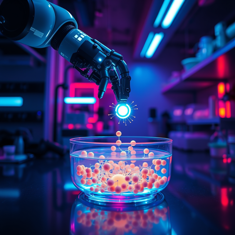 Robotic Arm with Glowing Blue Circuitry Delicately Plac...