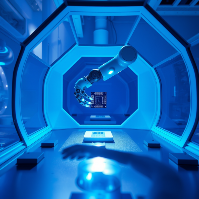 Robotic Arm with Glowing Cyan Joints Delicately Assembl...