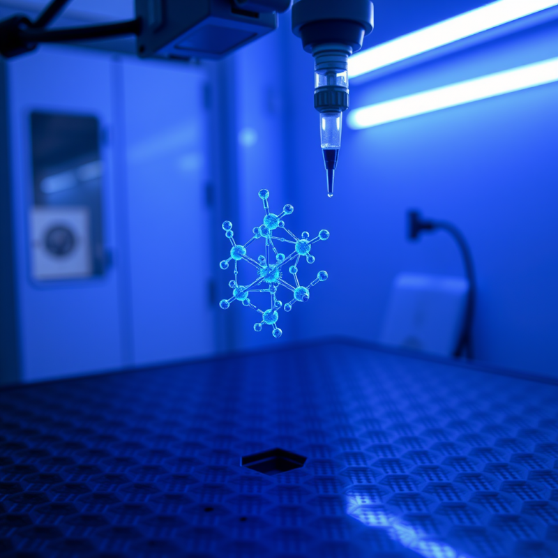 Robotic Dropper Hovers Over a Glowing Blue Molecular