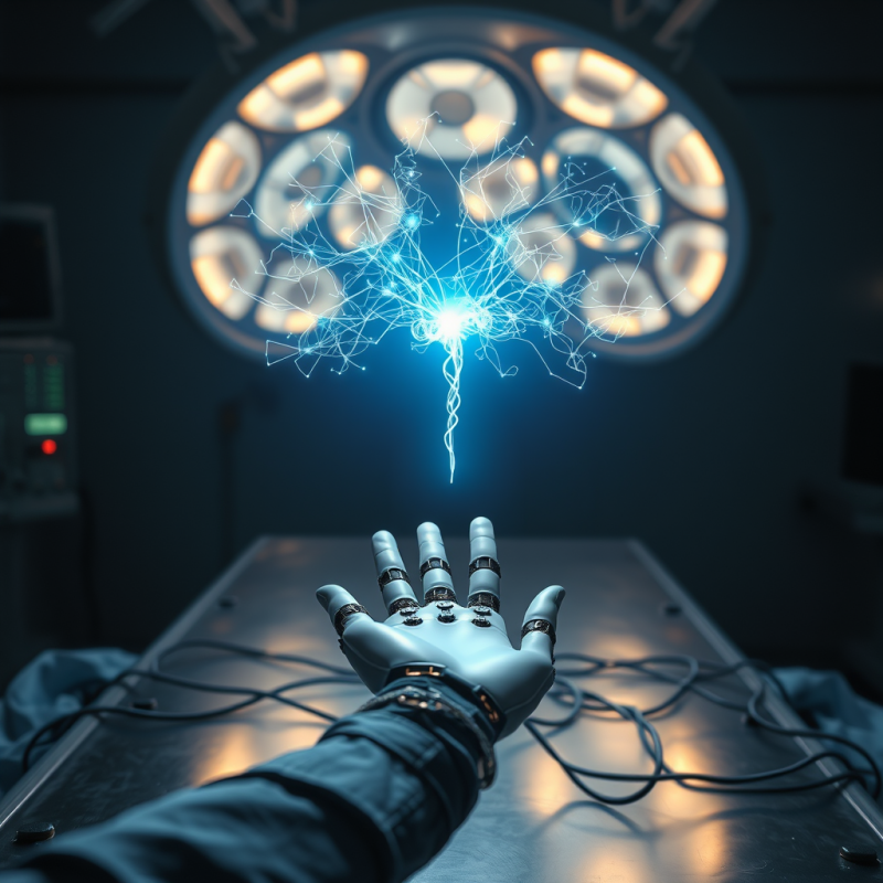 Robotic Hand Extends Toward a Glowing Blue Neural