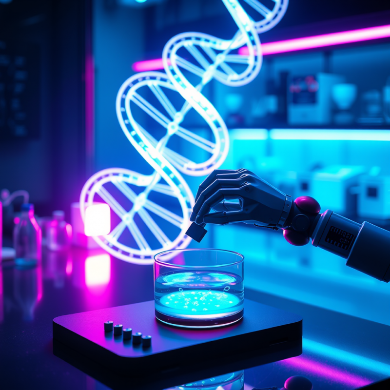 Robotic Hand Places a Sample Into a Glowing Beaker