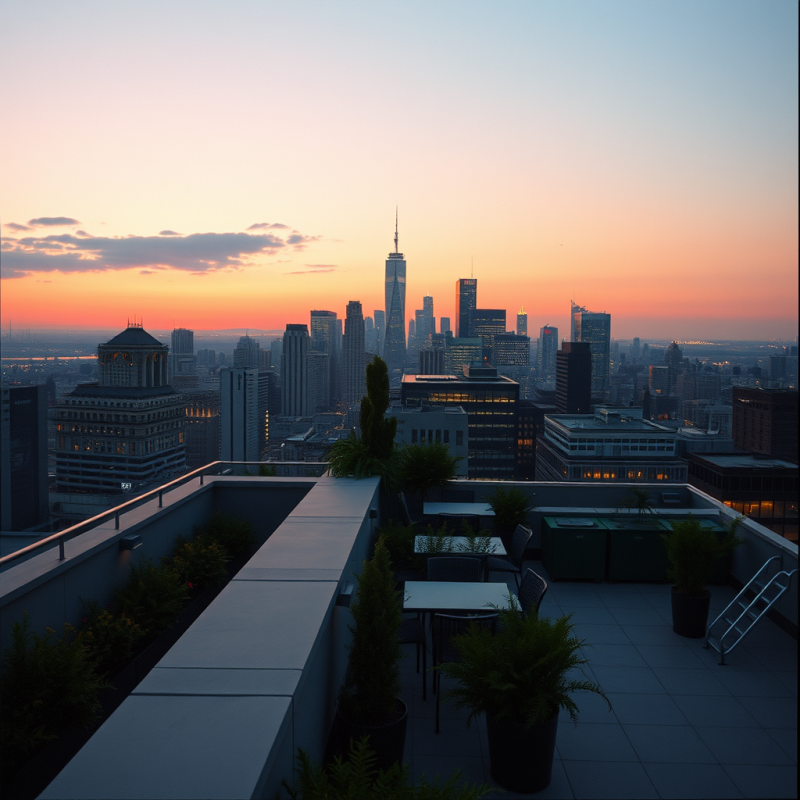 Rooftop Garden Terrace Overlooking City Skyline at Dusk