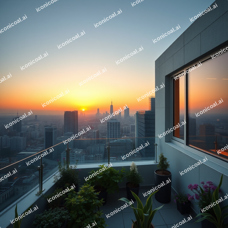 Rooftop Garden Terrace Overlooking City Skyline At Dusk