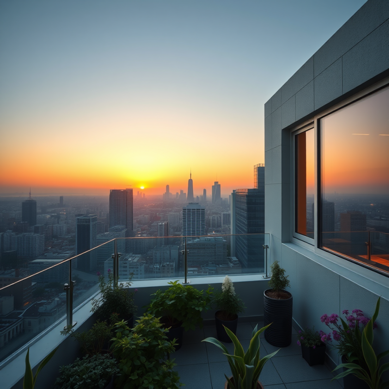 Rooftop Garden Terrace Overlooking City Skyline at Dusk