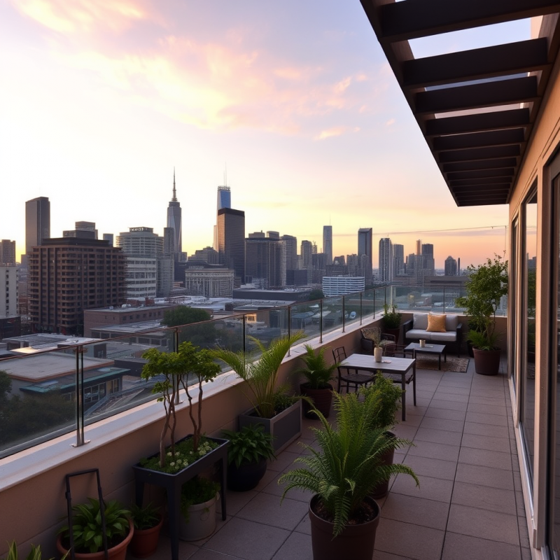 Rooftop Garden Terrace Overlooking City Skyline at Dusk