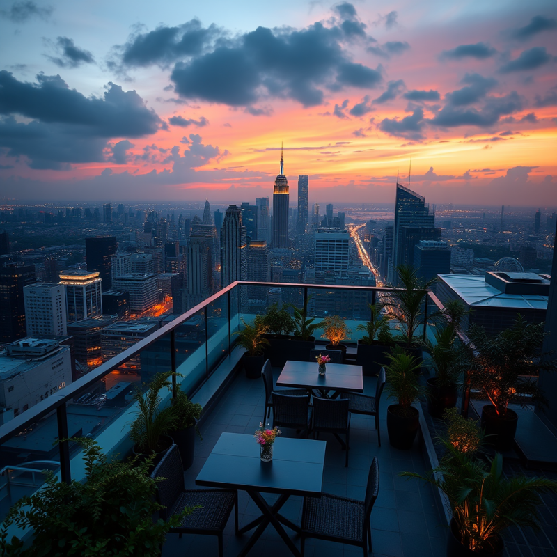 Rooftop Garden Terrace Overlooking City Skyline at Dusk