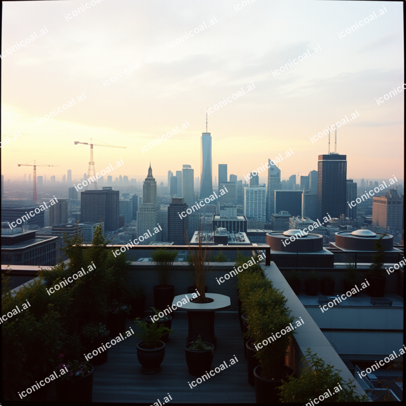 Rooftop Garden Terrace Overlooking City Skyline At Dusk