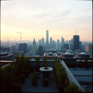 Rooftop Garden Terrace Overlooking City Skyline At Dusk