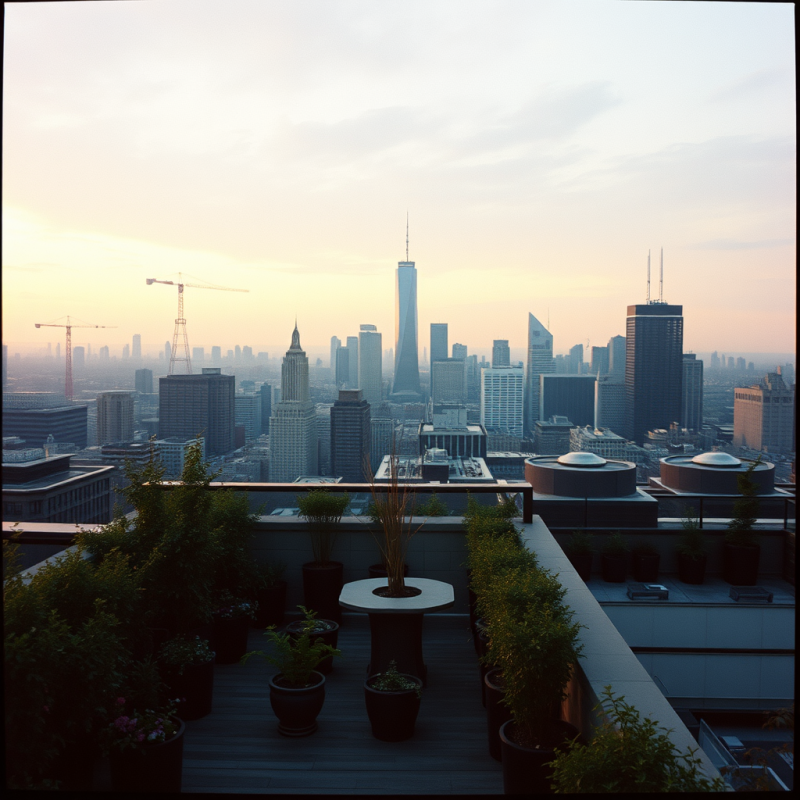 Rooftop Garden Terrace Overlooking City Skyline at Dusk