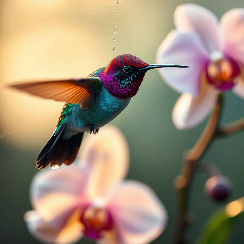 Ruby-bellied Hummingbird Perched Upside-down on a Dew-k...