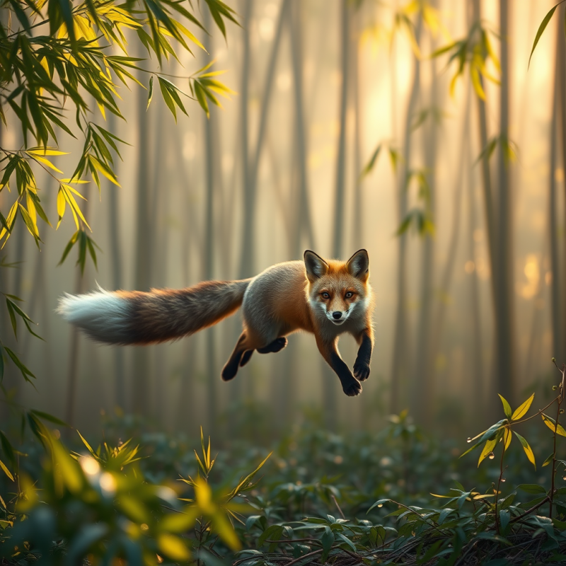Ruby-eyed Red Fox Mid-leap Through a Misty Bamboo Fores...