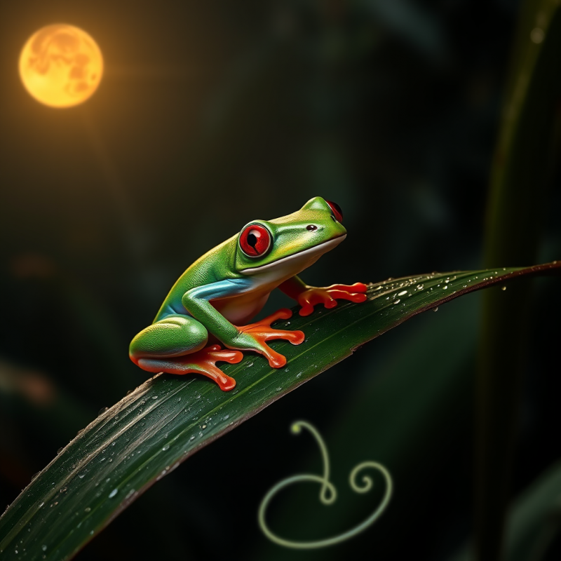 Ruby-eyed Tree Frog Perched Precariously on a Dew-cover...