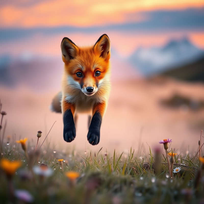 Ruby-red Fox Pup Mid-leap Through a Golden-hour Mist In...
