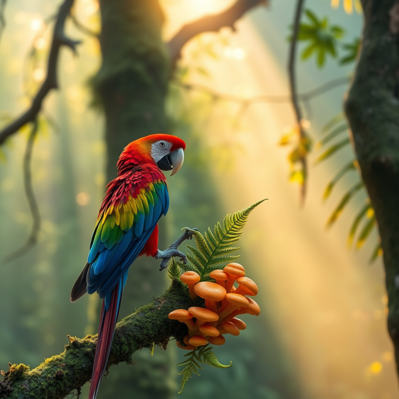 Ruby-red Macaw Perched Sideways on a Mossy Tree Branch ...