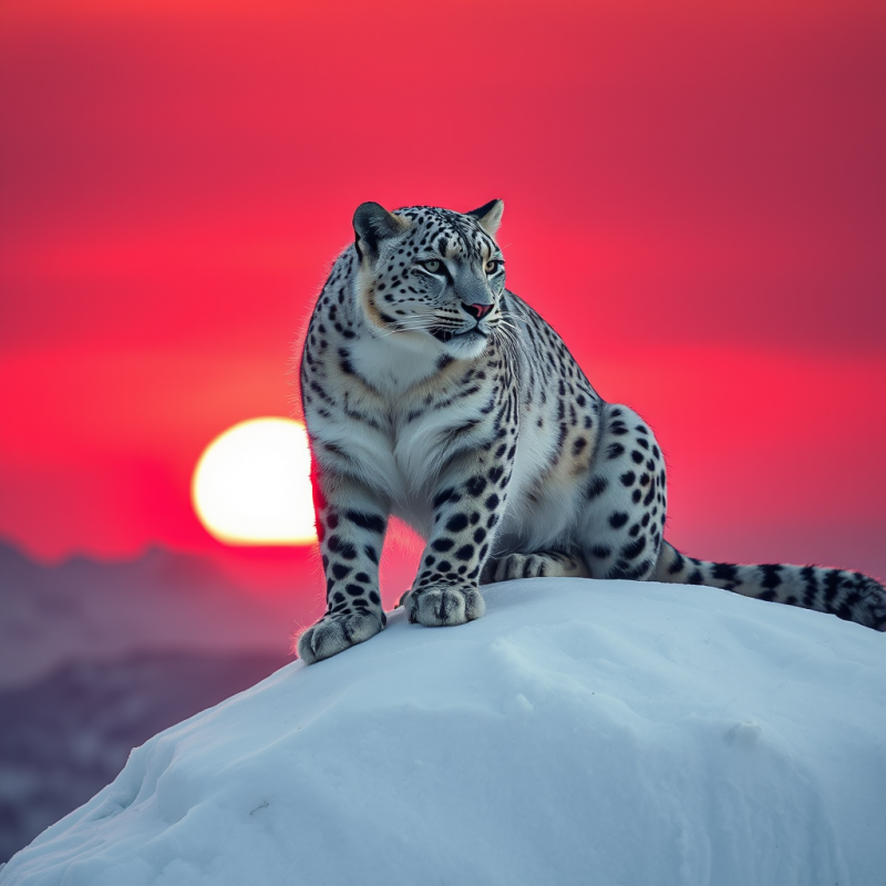 Ruby-red Sunset Glows Behind a Solitary Snow Leopard