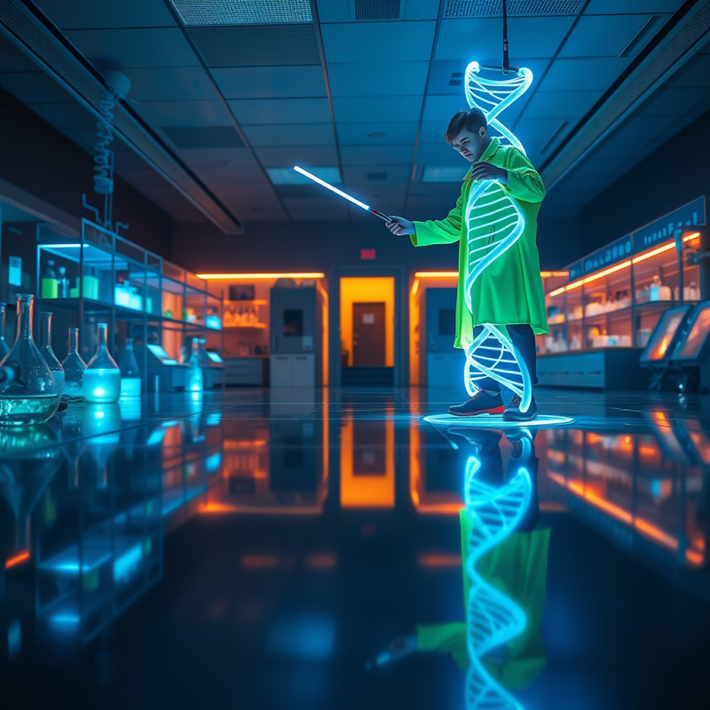 Scientist in a Green Lab Coat Uses a Glowing Staff