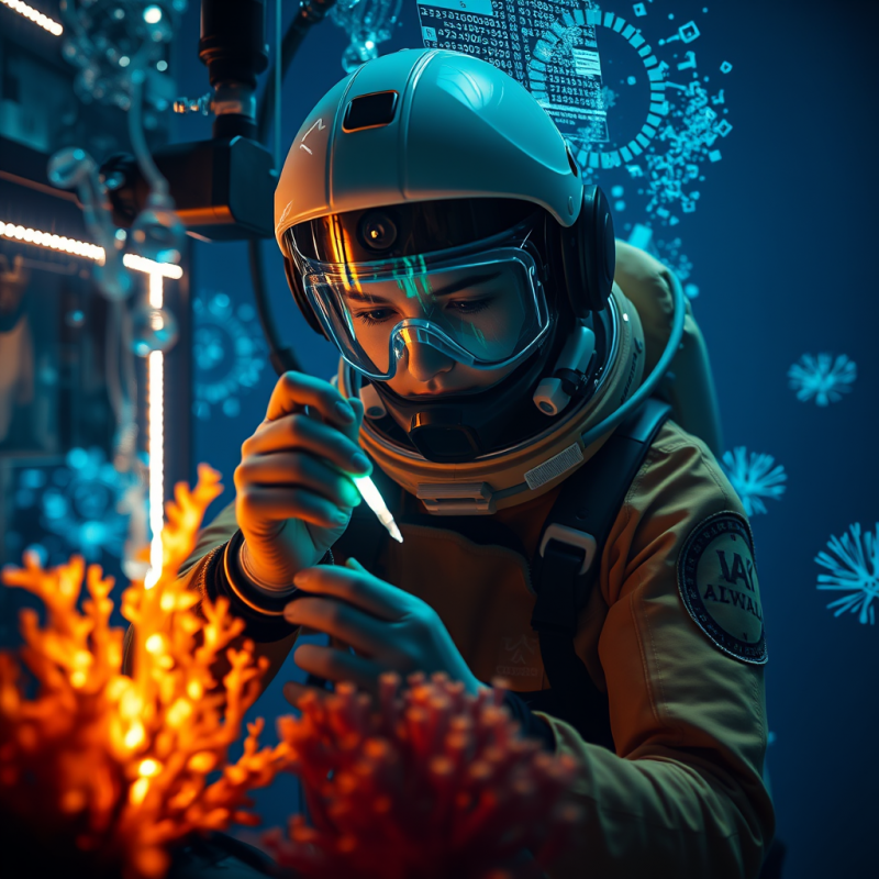 Scientist in a Helmet and Gloves Examines Glowing
