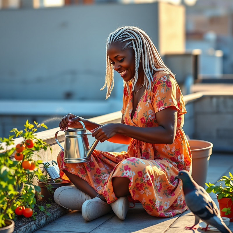 Senior Black Woman with Silver Braids Sits Cross-legged...