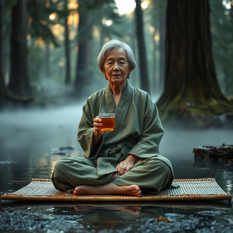 Senior Woman in a Moss-green Linen Robe Sits Cross-legg...