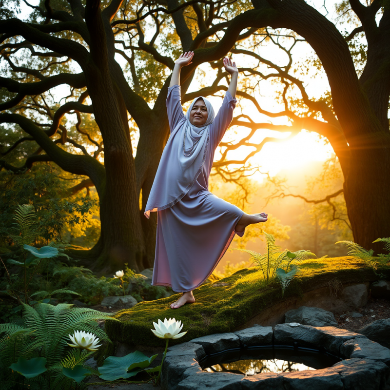 Senior Woman in a Pastel Lavender Hijab Gently Stretche...