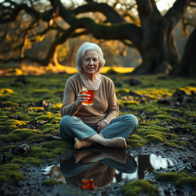 Senior Woman with Silver Hair Sits Cross-legged on a Mo...
