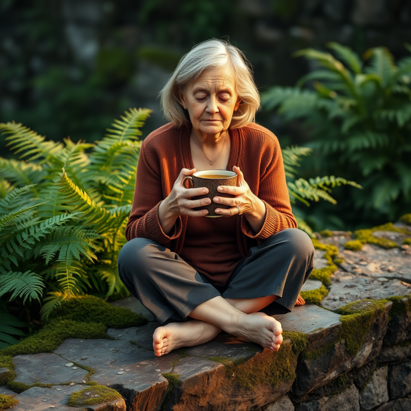 Senior Woman with Silver Hair Sits Cross-legged on a Mo...