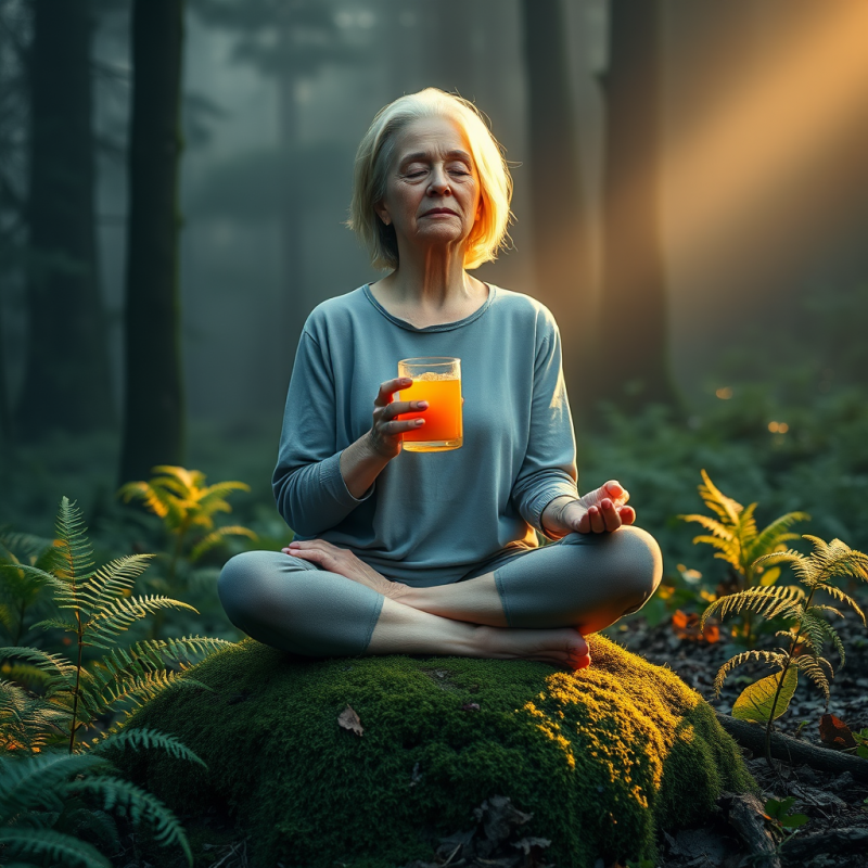 Senior Woman with Silver Hair Sits Cross-legged on a Mo...