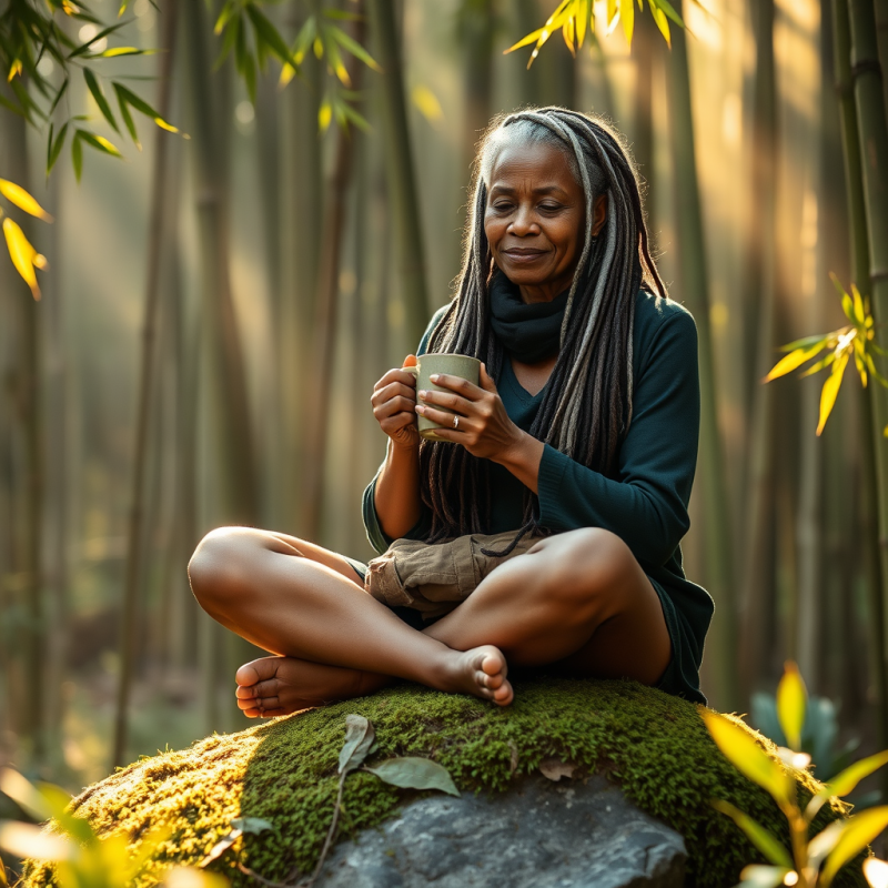 Senior Woman with Silver-streaked Dreadlocks Sits Cross...