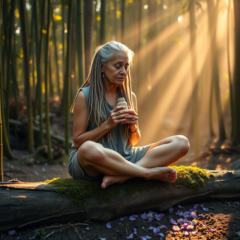 Senior Woman with Silver-streaked Dreadlocks Sits Cross...