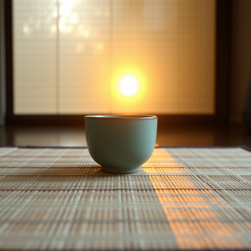 Serene Ceramic Cup Sits on a Bamboo Mat, Bathed in