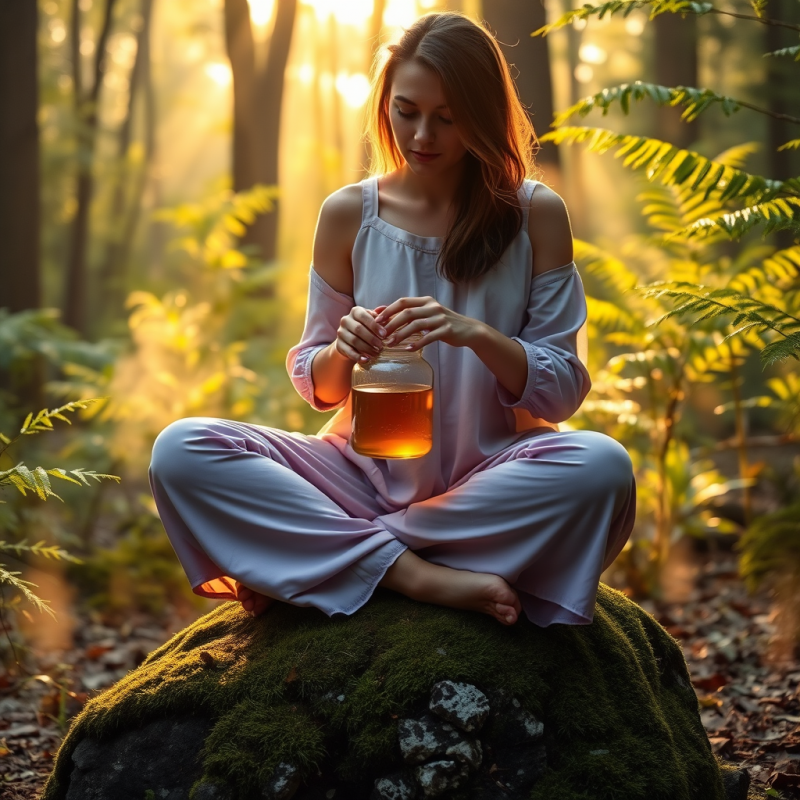 Serene Dawn Scene Where a Woman in Flowing Lavender Leg...