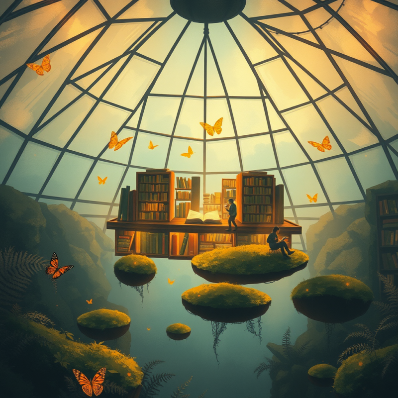 Serene Fantasy Scene Featuring a Floating Bookshelf