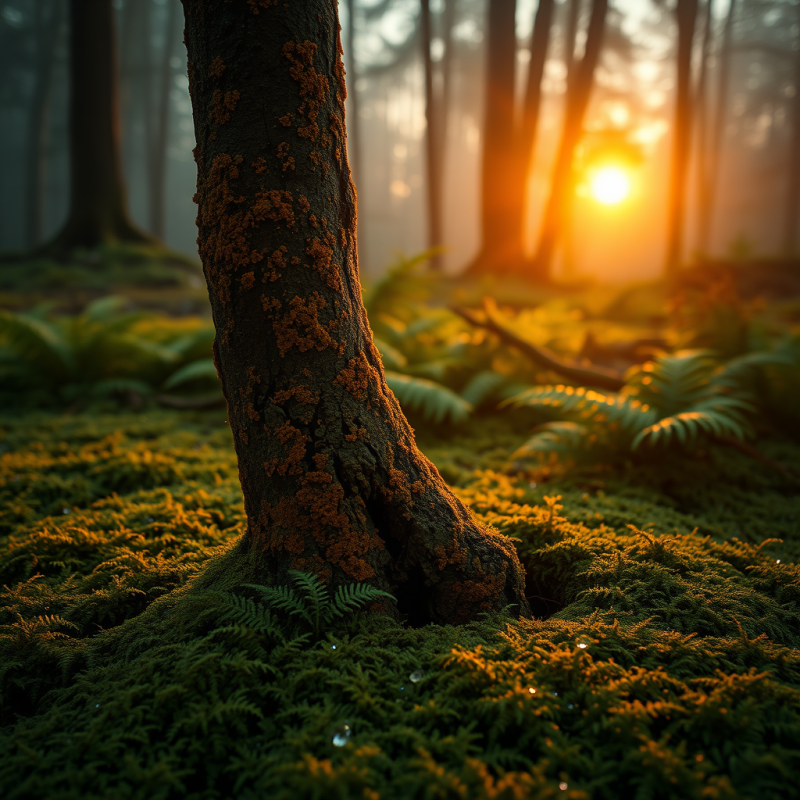 Serene Forest Scene at Sunset, with Golden Light
