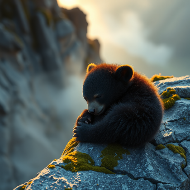 Serene Sleeping Bear Cub Curls on a Mossy Cliffside