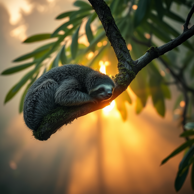 Serene Sloth Curls on a Moss-covered Tree Branch