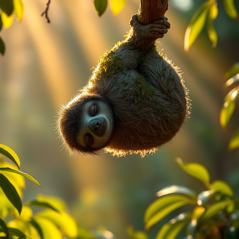 Serene Sloth Hangs from a Branch, Bathed in Warm