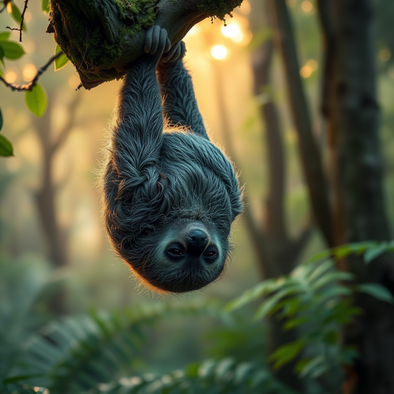 Serene Sloth Hangs Upside Down from a Mossy Tree