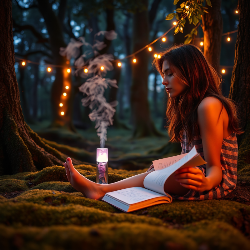 Serene Twilight Scene of a Woman Barefoot on a Moss-cov...