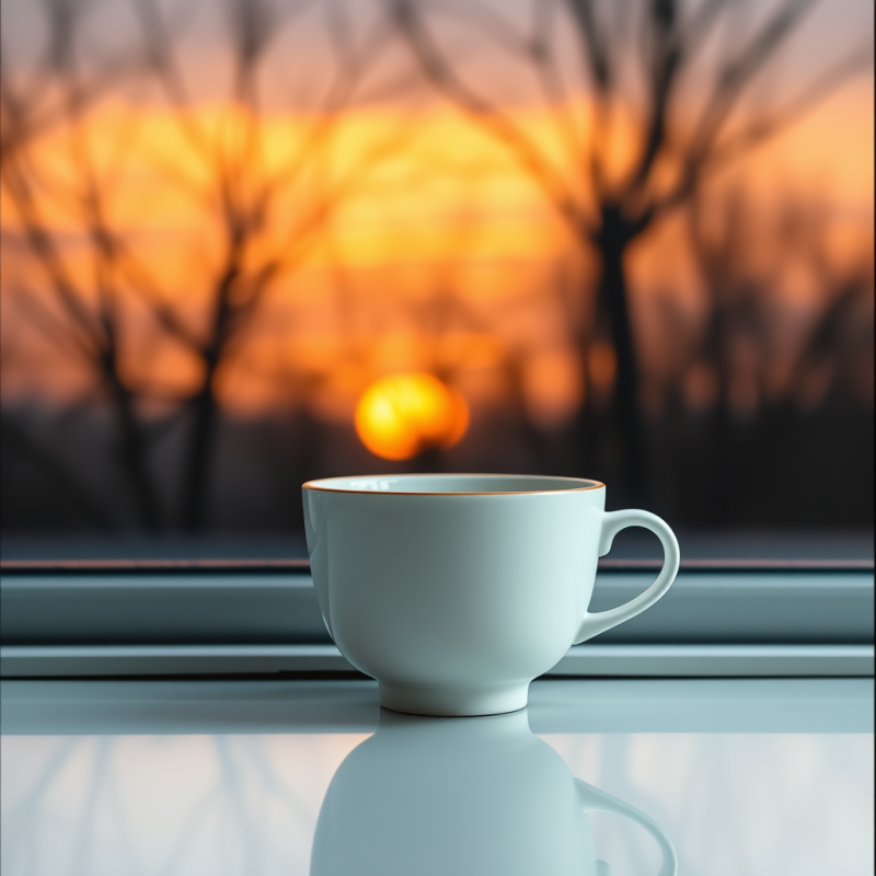 Serene White Coffee Cup Sits on a Windowsill, Framed